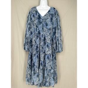 Joie Dress Women XXL Blue Paisley Midi Abstract Floral Tiered Flowy Boho Cottage